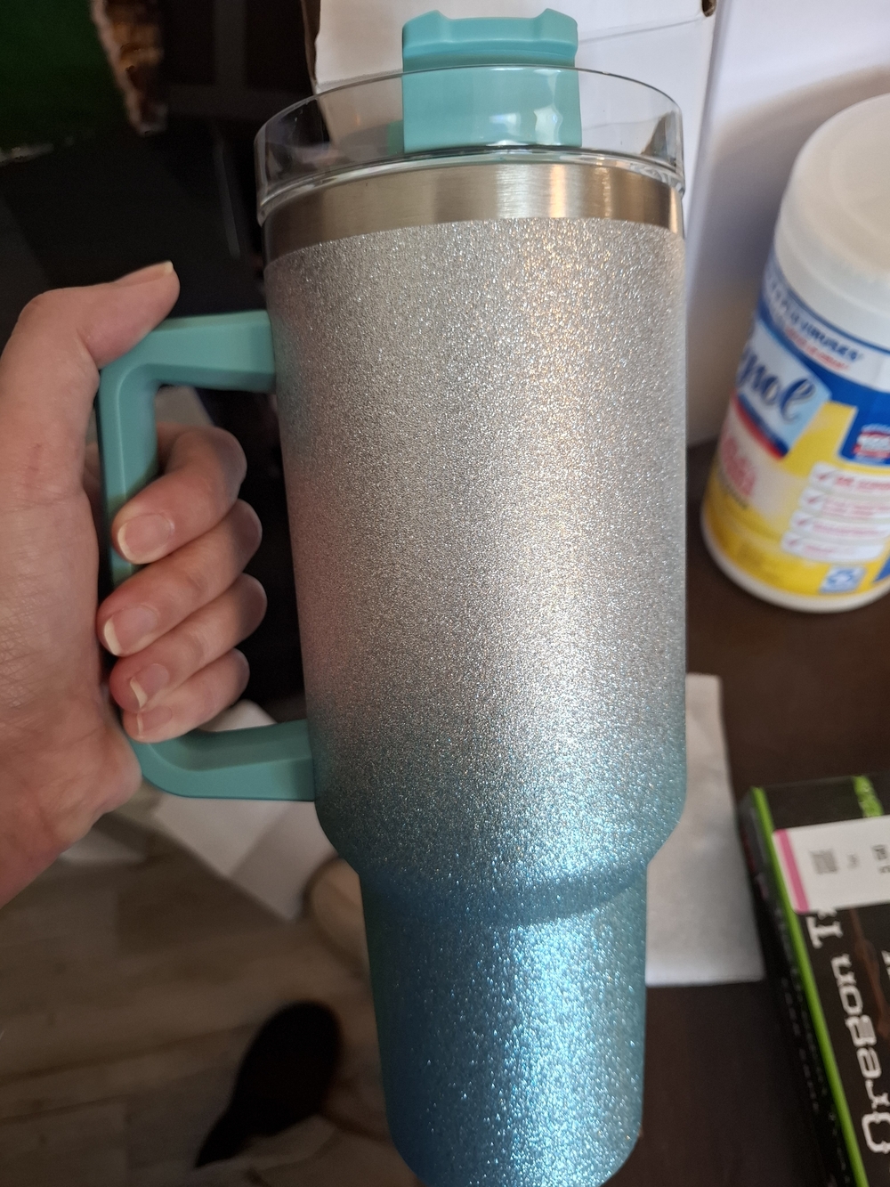Glitter Ombre Travel Tumbler with Handle - Teal to Silver